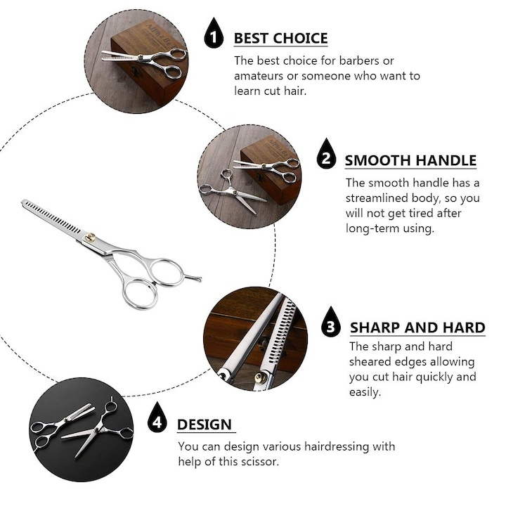 Foarfeca de filat pentru tuns parul, nivel incepator, ergonomica, din otel inoxidabil, argintie cu detalii aurii, 16x6 cm – precizie si confort pentru coafuri perfecte [4]