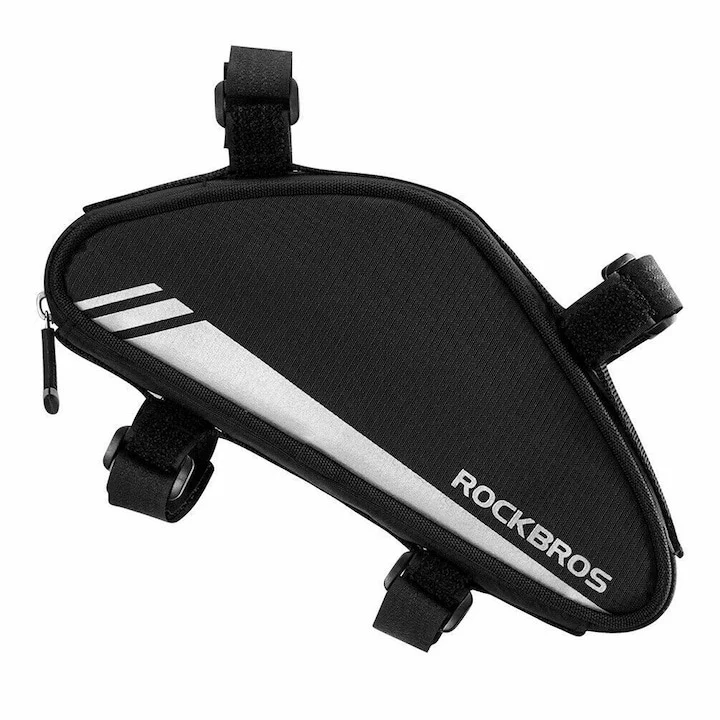Geanta bicicleta neagra RockBros 0.7 L, 22.5 x 4.5 x 10.5 cm, impermeabila, prindere pe cadru cu benzi velcro, element reflectorizant [6]