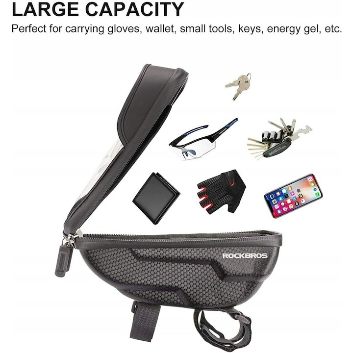 Geanta de bicicleta pentru telefon, 19 x 10 x 7.3 cm, montare pe ghidon, negru [2]