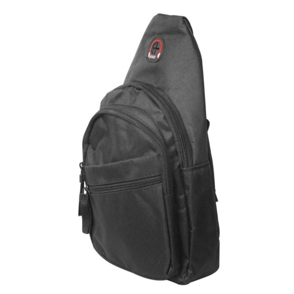 Geanta de piept, neagra 30 x 17 x 8,5 cm din material textil, 3 compartimente exterioare cu fermoar, curea reglabila, compartiment interior [3]