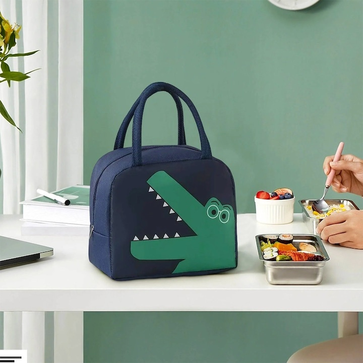 Geanta frigorifica pentru copii, model dinozaur, panza Oxford impermeabila, portabila, 22 x 14 x 19 cm, albastru/verde [2]