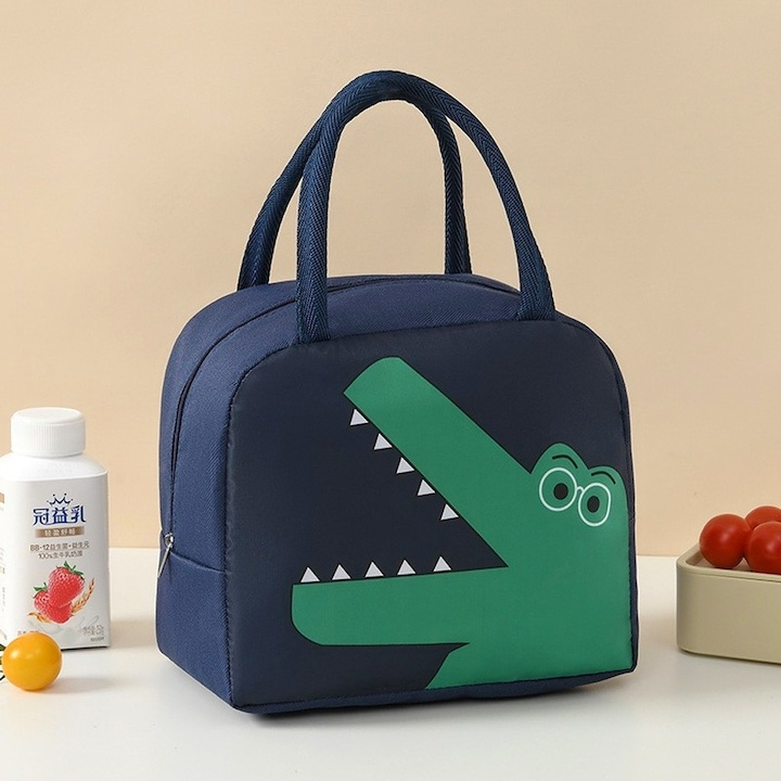 Geanta frigorifica pentru copii, model dinozaur, panza Oxford impermeabila, portabila, 22 x 14 x 19 cm, albastru/verde [3]
