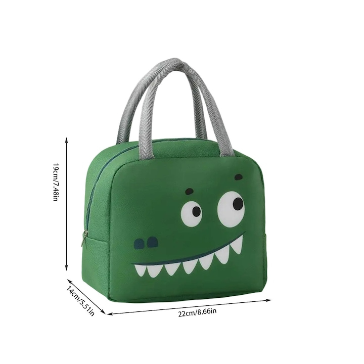 Geanta frigorifica verde, model crocodil, 22 x 14 x 19 cm, portabila pentru copii, gradinita, scoala, picnic si calatorii [6]