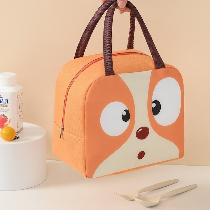 Geanta lunch bag portocalie 22 x 14 x 19 cm pentru copii, termoizolanta, model catelus, gradinita, scoala, picnic si calatorii [2]
