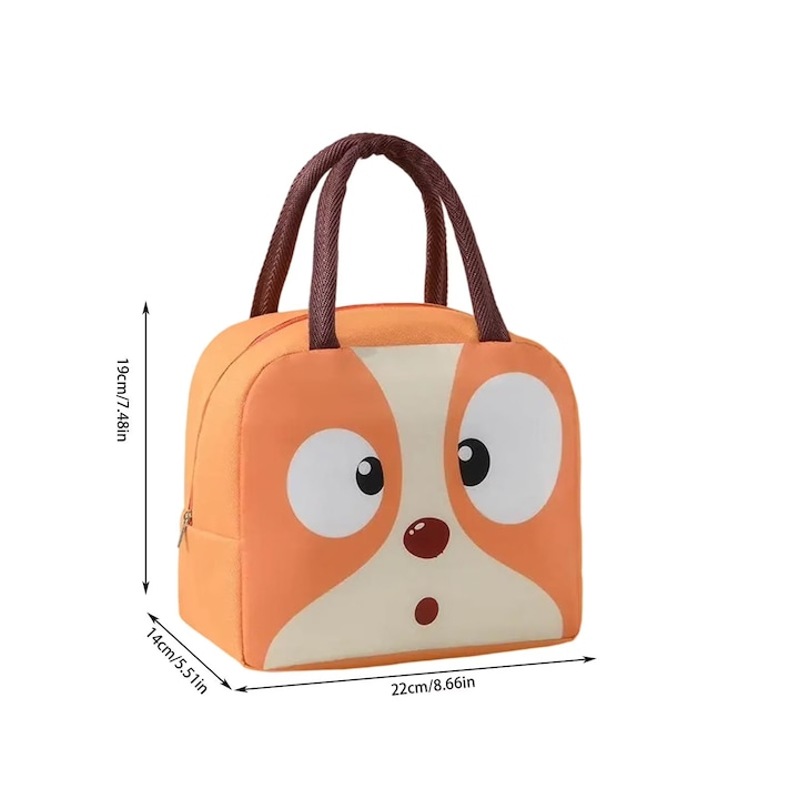 Geanta lunch bag portocalie 22 x 14 x 19 cm pentru copii, termoizolanta, model catelus, gradinita, scoala, picnic si calatorii [5]