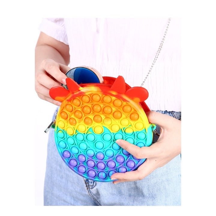 Geanta senzoriala Pop It multicolor, 16 cm, silicon flexibil, antistres, reutilizabila, accesoriu pentru copii, 3 ani+ [2]