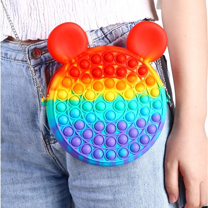 Geanta senzoriala Pop It multicolor, 16 cm, silicon flexibil, antistres, reutilizabila, accesoriu pentru copii, 3 ani+ [3]