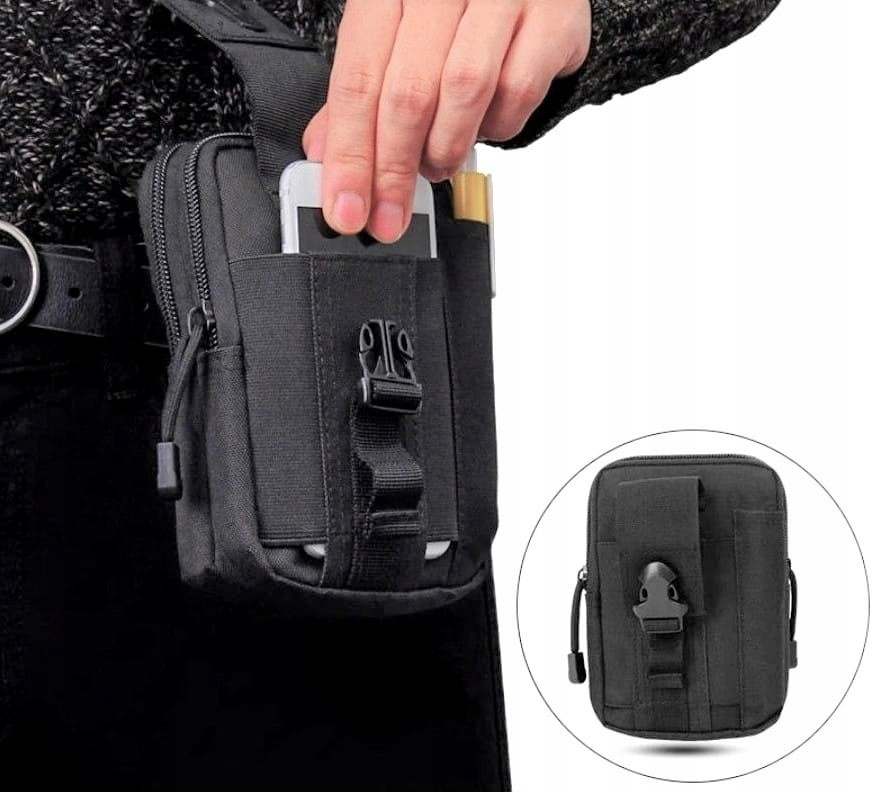 Geanta tactica neagra 18 x 12.5 x 5 cm, borseta militara Molle pentru curea, Cordura si nailon, 2 compartimente, 4 buzunare, impermeabila, capacitate 1 L [8]