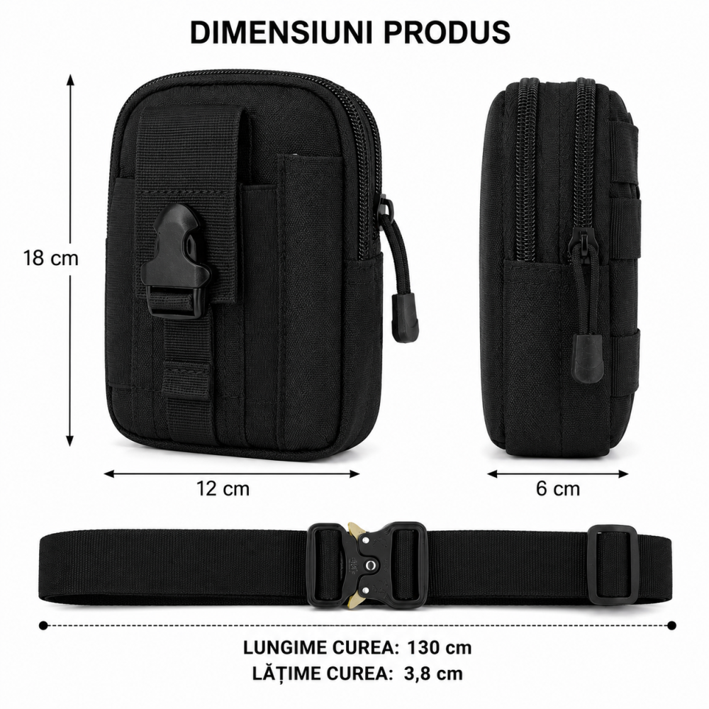 Geanta tactica neagra 18 x 12 x 6 cm, cu centura tactica reglabila, sistem Molle, poliester Oxford, catarama metalica cu eliberare rapida, EDC, unisex [4]