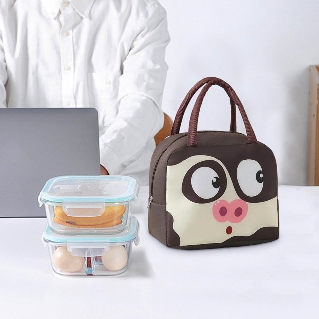 Geanta tip lunch bag, termoizolanta, pentru pranz copii, rezistenta la apa, model porc, 22 x 14 x 19 cm, maro [2]