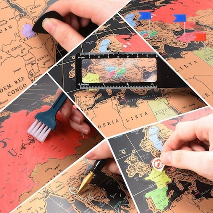 Harta lumii razuibila, 82x59 cm, cu stickere, accesorii pentru razuire, rigla cu lupa, ace pentru fotografii, husa si tub depozitare – ghid vizual pentru planificarea calatoriilor [5]