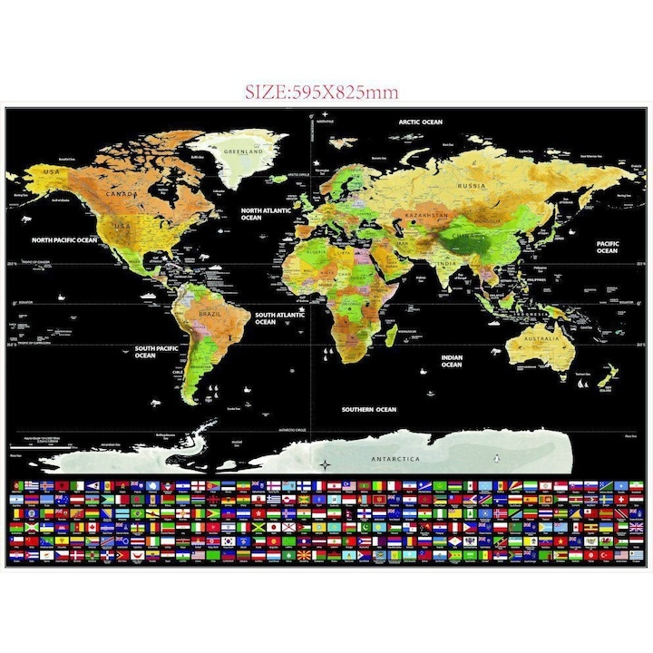 Harta lumii razuibila, 82x59 cm, cu stickere, accesorii pentru razuire, rigla cu lupa, ace pentru fotografii, husa si tub depozitare – ghid vizual pentru planificarea calatoriilor [4]