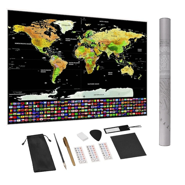 Harta lumii razuibila, 82x59 cm, cu stickere, accesorii pentru razuire, rigla cu lupa, ace pentru fotografii, husa si tub depozitare – ghid vizual pentru planificarea calatoriilor [1]