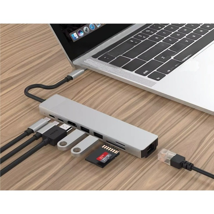 Hub adaptor multifunctional 8in1, HDMI 4K Ultra HD 30 Hz, USB 3.0, SD/TF Card Reader, 5 Gbps, RJ 45 [5]