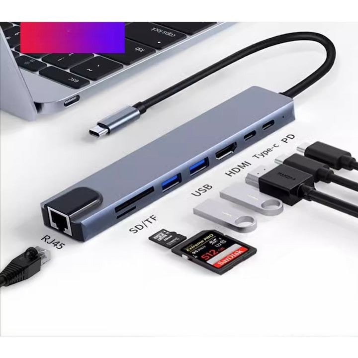 Hub adaptor multifunctional 8in1, HDMI 4K Ultra HD 30 Hz, USB 3.0, SD/TF Card Reader, 5 Gbps, RJ 45 [2]
