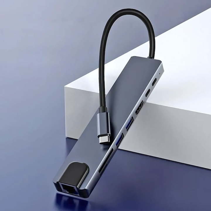 Hub adaptor multiport 8 in 1 USB-C, HDMI 4K 30Hz, Ethernet, USB 3.0, USB 2.0, Power Delivery 87W, cititor SD si MicroSD, aluminiu, gri [8]