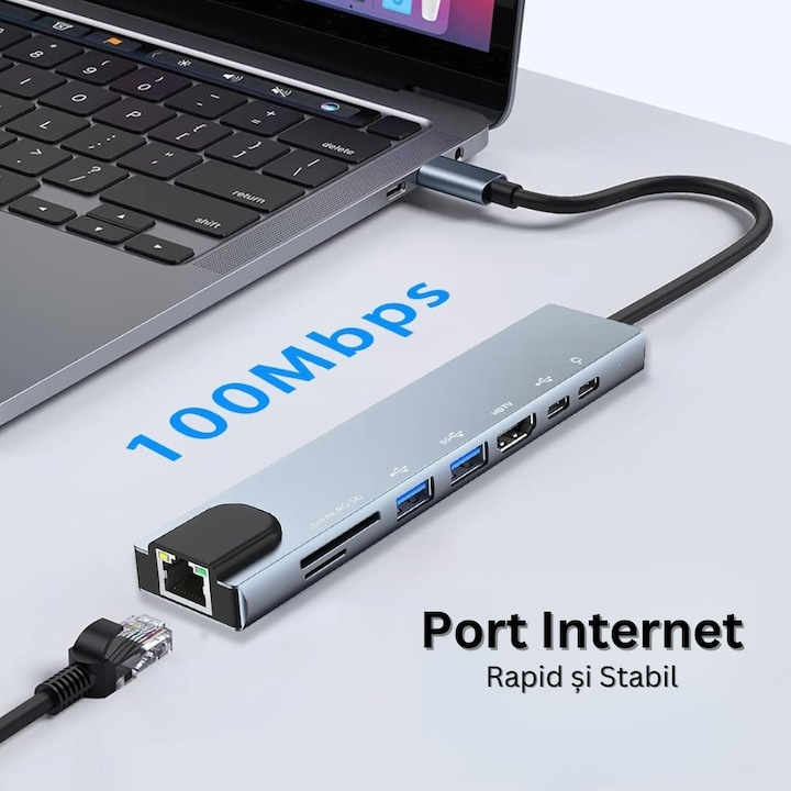 Hub adaptor multiport 8 in 1 USB-C, HDMI 4K 30Hz, Ethernet, USB 3.0, USB 2.0, Power Delivery 87W, cititor SD si MicroSD, aluminiu, gri [6]