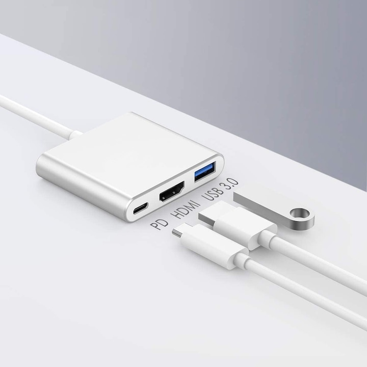 Hub adaptor USB Type-C cu HDMI, USB 3.0 si port Power Delivery, 19 cm – extindere video UHD, transfer rapid de date si incarcare simultana [9]