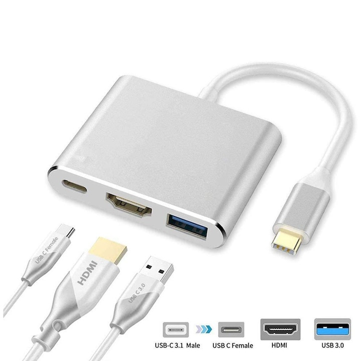 Hub adaptor USB Type-C cu HDMI, USB 3.0 si port Power Delivery, 19 cm – extindere video UHD, transfer rapid de date si incarcare simultana [3]