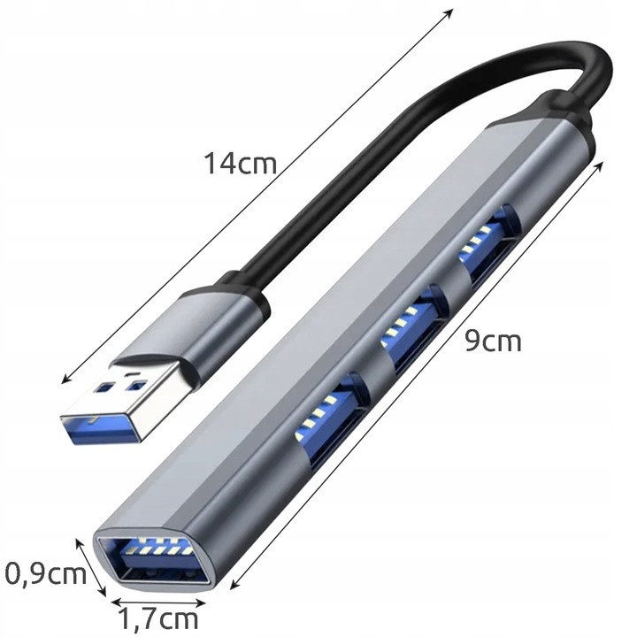Hub pentru transfer date cu 4 porturi USB 3.0 si 2.0, carcasa din aluminiu, gri, compact, 9 x 1.7 x 0.9 cm [4]