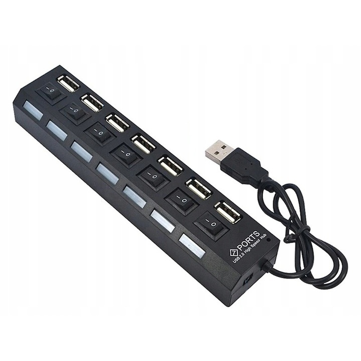 Hub USB 2.0 cu 7 porturi, comutatoare individuale ON/OFF, lungime cablu 41 cm, viteza 480 Mbps, negru, 16.5x3.5x2.1 cm [5]