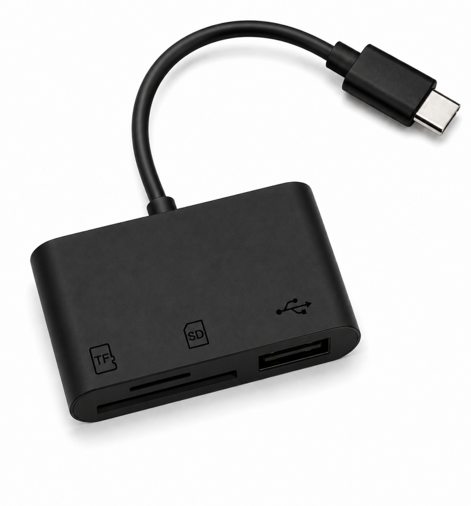 Hub USB-C negru 3 in 1 cu USB 3.0, cititor card SD si TF microSD, adaptor Type-C pentru laptop, tableta, telefon si transfer date [1]