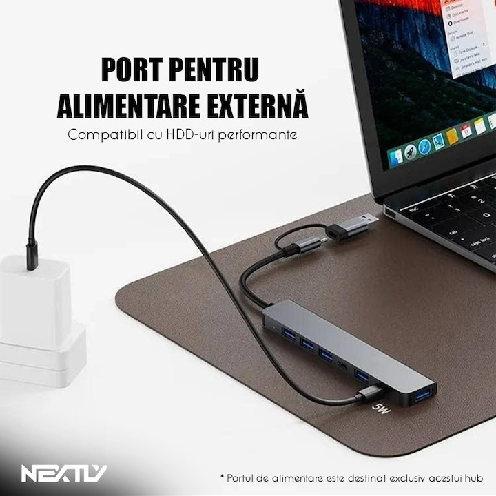 Hub USB tip C 7 porturi, adaptor USB A inclus, 4 porturi USB 2.0, 1 port USB 3.0, 2 porturi USB C PD, aluminiu gri metalizat, Dactylion® [5]