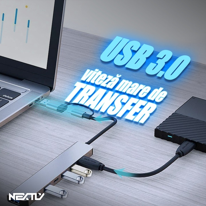 Hub USB tip C 7 porturi, adaptor USB A inclus, 4 porturi USB 2.0, 1 port USB 3.0, 2 porturi USB C PD, aluminiu gri metalizat, Dactylion® [9]