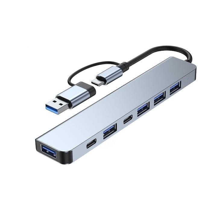 Hub USB tip C 7 porturi, adaptor USB A inclus, 4 porturi USB 2.0, 1 port USB 3.0, 2 porturi USB C PD, aluminiu gri metalizat, Dactylion® [1]