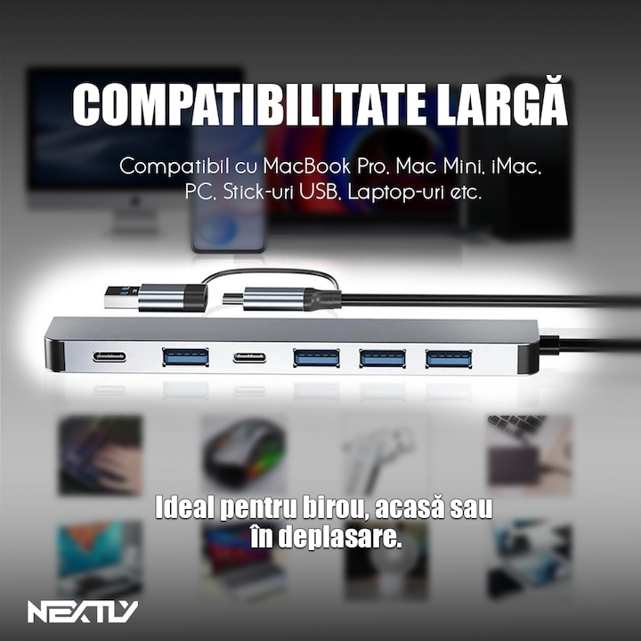 Hub USB tip C 7 porturi, adaptor USB A inclus, 4 porturi USB 2.0, 1 port USB 3.0, 2 porturi USB C PD, aluminiu gri metalizat, Dactylion® [2]
