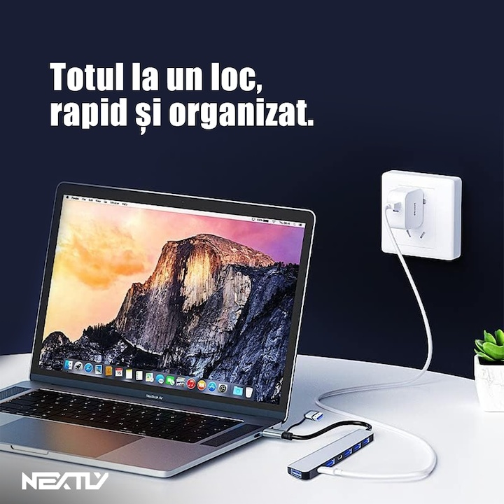 Hub USB tip C 7 porturi, adaptor USB A inclus, 4 porturi USB 2.0, 1 port USB 3.0, 2 porturi USB C PD, aluminiu gri metalizat, Dactylion® [7]