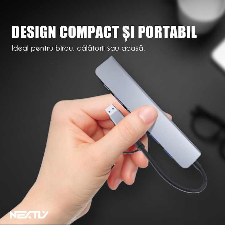 Hub USB tip C 7 porturi, adaptor USB A inclus, 4 porturi USB 2.0, 1 port USB 3.0, 2 porturi USB C PD, aluminiu gri metalizat, Dactylion® [6]