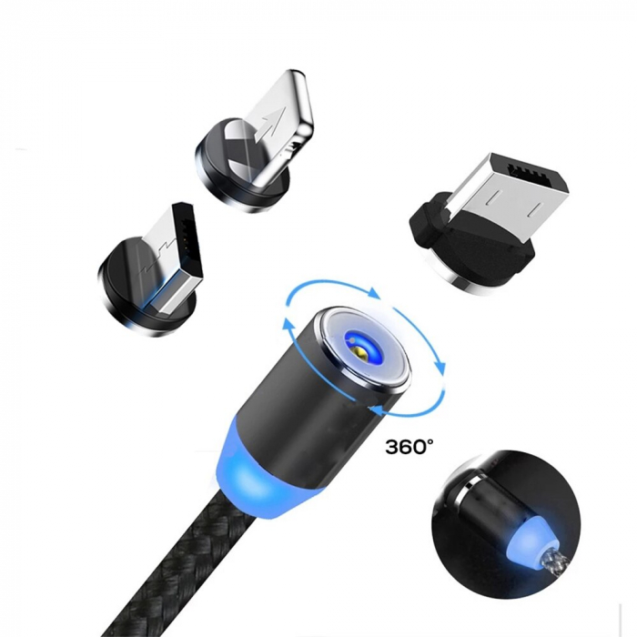 Cablu 3in1 cu 3 capete Magnetice, incarcare rapida, 120 cm - Negru [7]