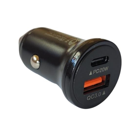 Mini incarcator auto 20W, alimentare 12-24V, 1x type C,1x USB - Negru