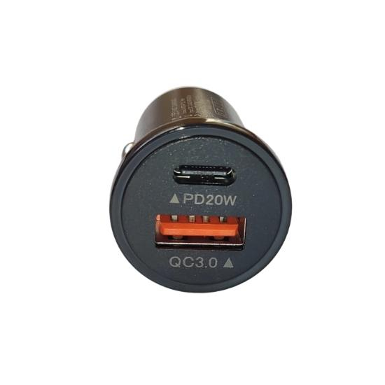 Mini incarcator auto 20W, alimentare 12-24V, 1x type C,1x USB - Negru [2]
