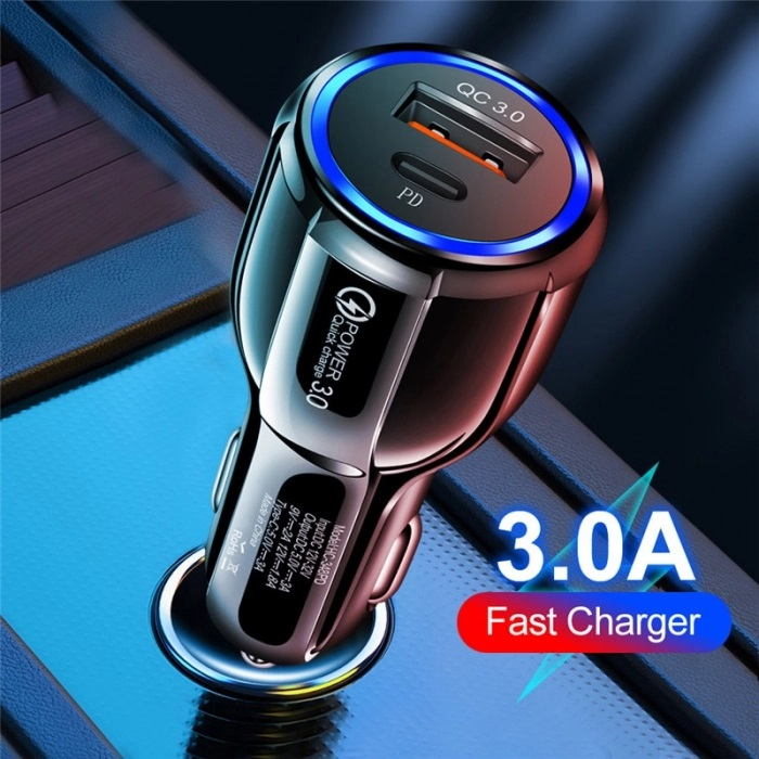 Incarcator bricheta auto 12V, 1x USB, 1x type C 3.0 cu incarcare rapida - Negru [5]