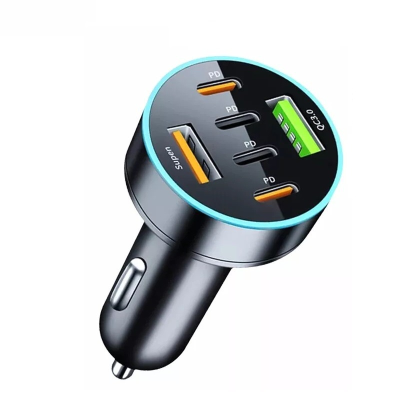 Incarcator auto 6 in 1 cu incarcare rapida, 2 porturi USB Fast Charge QC 3.0 si 4 porturi Type-C PD 65W, negru [1]