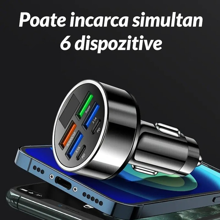 Incarcator auto, 6 porturi, 2 x Type C, 4 x USB, incarcare rapida, negru [3]