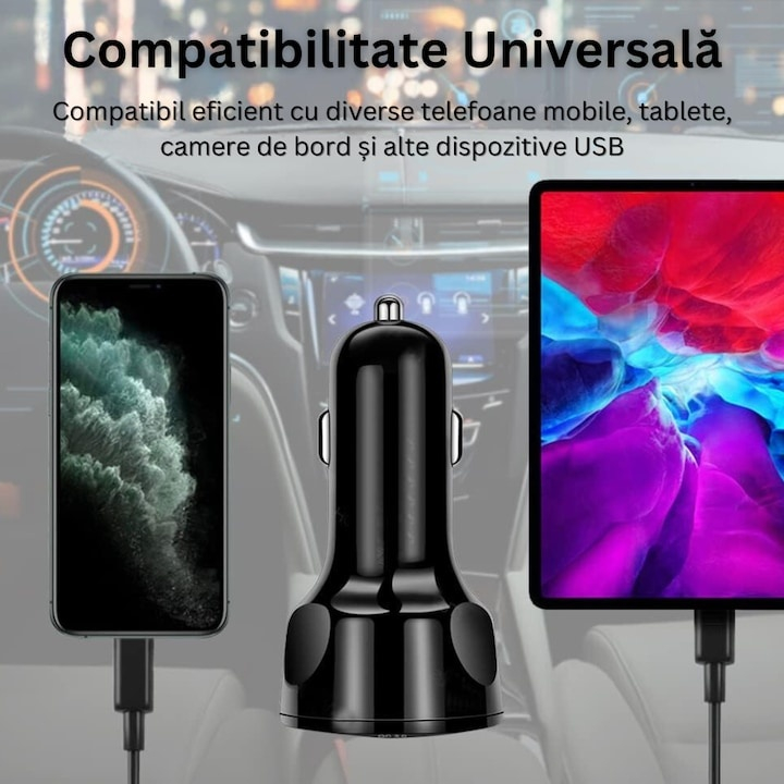 Incarcator auto USB cu 4 porturi + cablu 3 in 1 Micro USB / iPhone / USB Type-C, incarcare rapida, compact, 3A, 12-32V, negru [2]