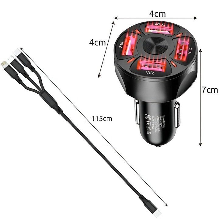 Incarcator auto USB cu 4 porturi + cablu 3 in 1 Micro USB / iPhone / USB Type-C, incarcare rapida, compact, 3A, 12-32V, negru [7]