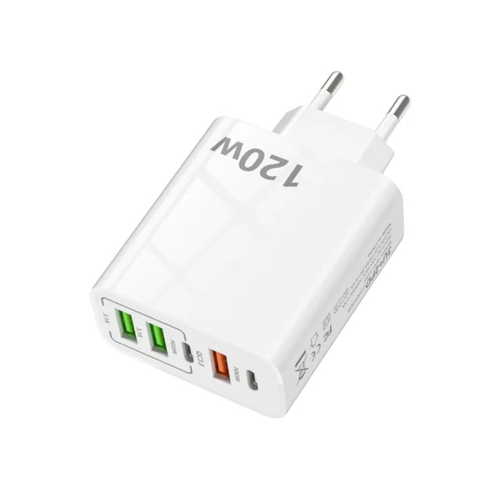 Incarcator cu 5 porturi, 2 x Type-C, 3 x USB, incarcare rapida, 120 W, universal, alb [2]