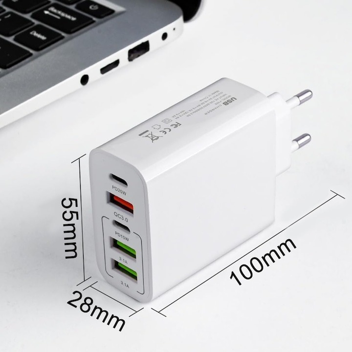 Incarcator cu 5 porturi, 2 x Type-C, 3 x USB, incarcare rapida, 65 W, universal, alb [6]