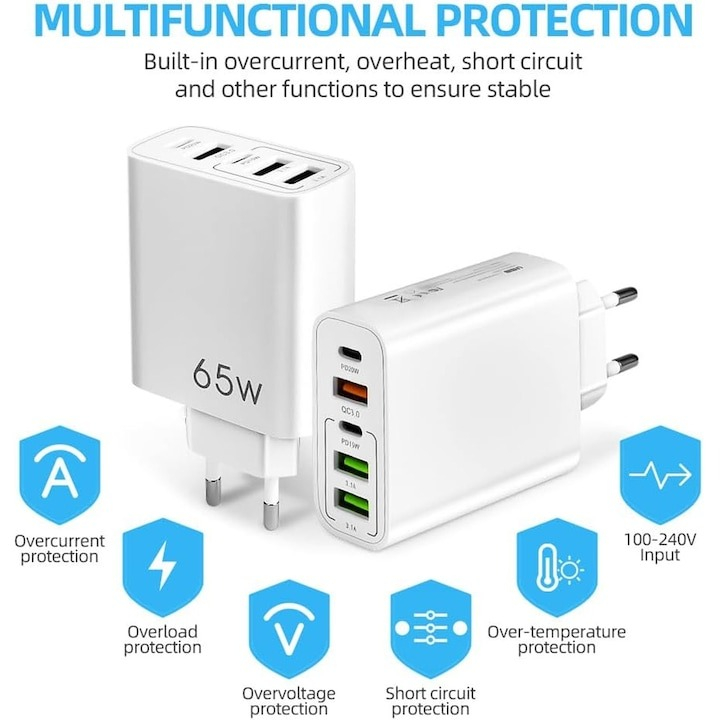 Incarcator cu 5 porturi, 2 x Type-C, 3 x USB, incarcare rapida, 65 W, universal, alb [2]