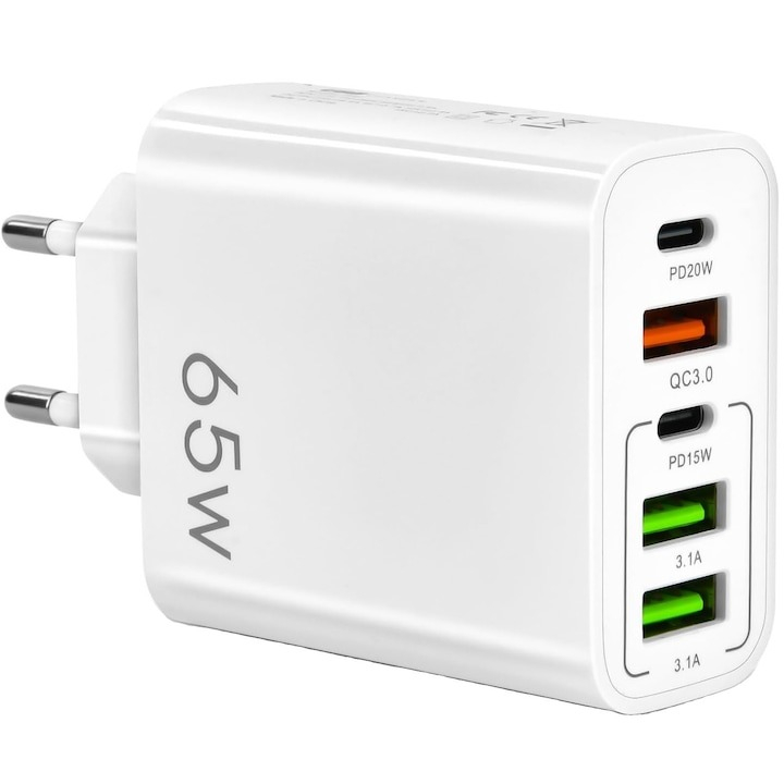 Incarcator cu 5 porturi, 2 x Type-C, 3 x USB, incarcare rapida, 65 W, universal, alb [1]
