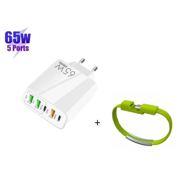 Incarcator de priza, 65W, incarcare rapida 3.1A, 2x type C, 3x USB A + bratara tip USB - Alb [5]