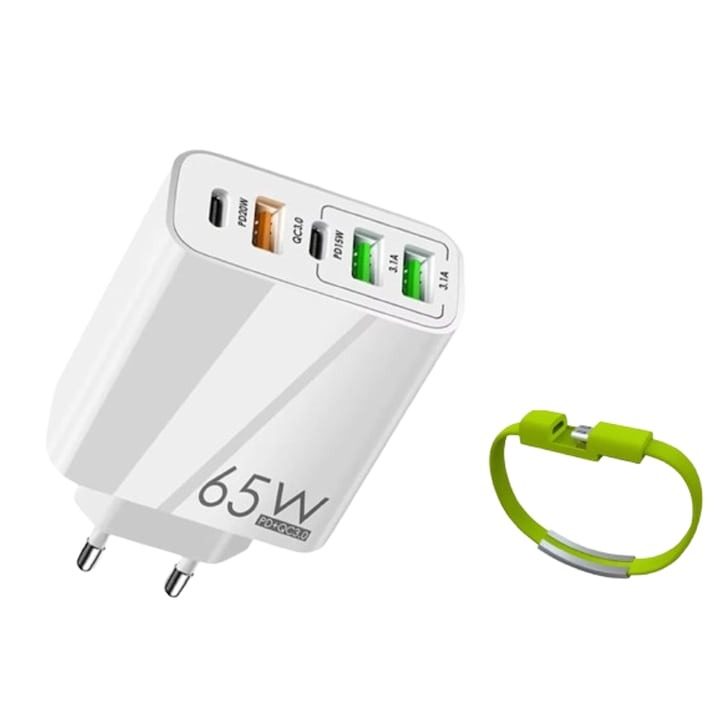 Incarcator de priza, 65W, incarcare rapida 3.1A, 2x type C, 3x USB A + bratara tip USB - Alb [2]
