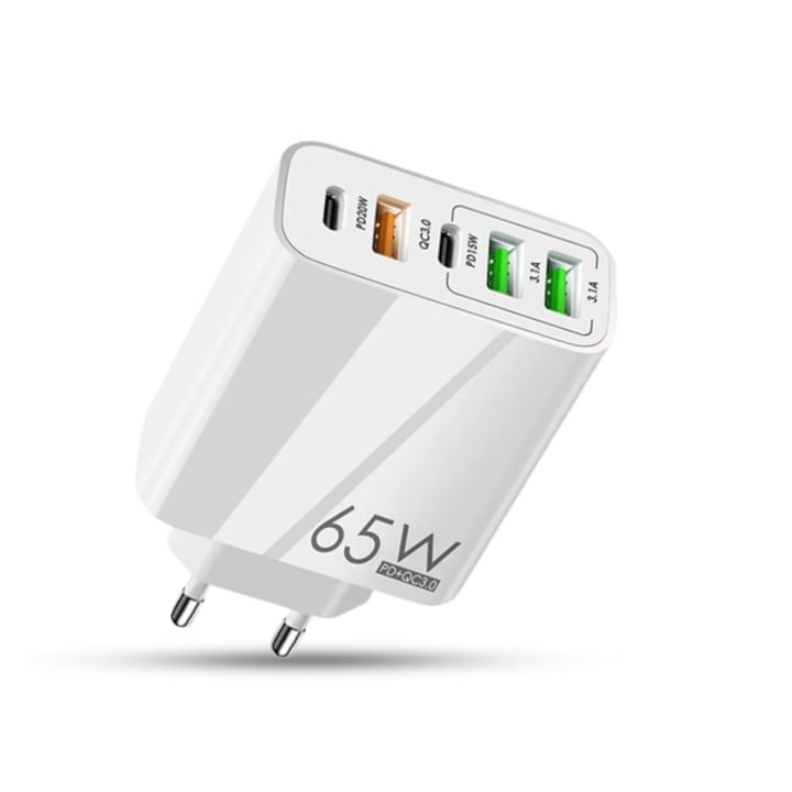 Incarcator de priza, 65W, incarcare rapida 3.1A, 2x type C, 3x USB A + bratara tip USB - Alb [4]