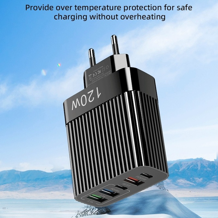 Incarcator retea 120W USB-C si USB-A 5 porturi fast charge PD universal telefon tableta negru  lucios compact [3]