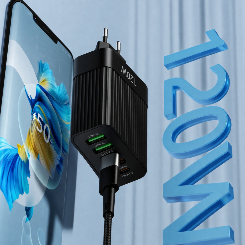 Incarcator retea 120W USB-C si USB-A 5 porturi fast charge PD universal telefon tableta negru  lucios compact [6]