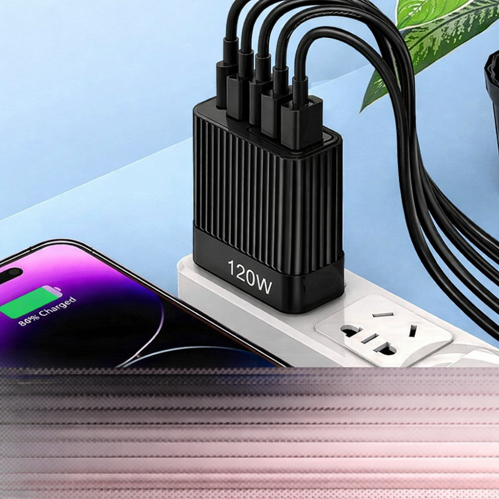 Incarcator retea 120W USB-C si USB-A 5 porturi fast charge PD universal telefon tableta negru  lucios compact [2]